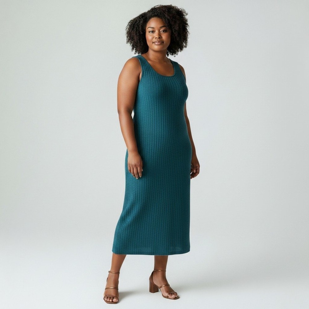 Coldwater Creek Womens Teal Blue Ribbed Sleeveless Midi Sweater Dress‎ XL